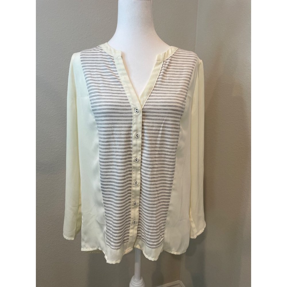 Skies Are Blue Gray & Off White Stripe Sheer Blouse